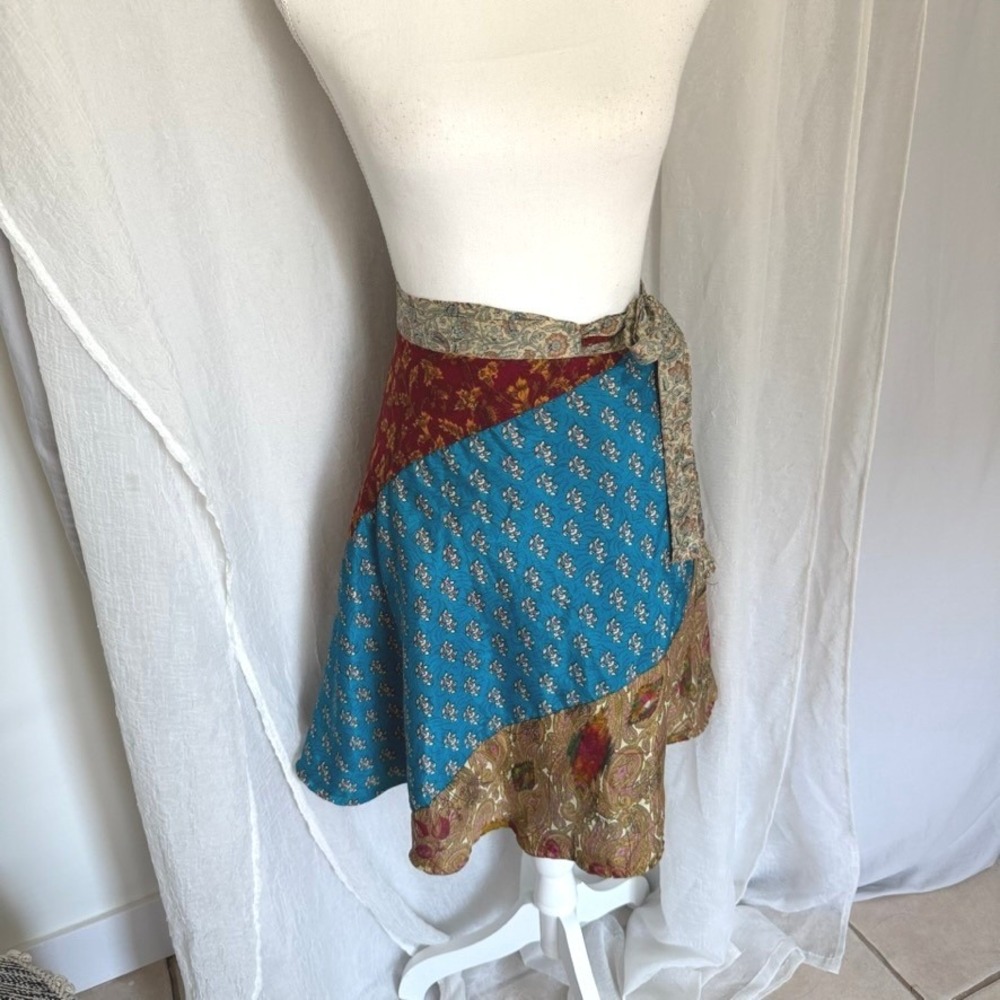 Jedzebel Silk Wrap Skirt Womens OSFM Multicolor Reversible Patchwork 90s Fairy
